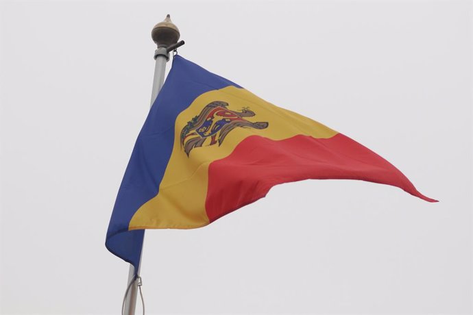 October 10, 2024, Saint Petersburg, Russia: The national flag of the Republic of Moldova, fluttering in the wind on a flagpole in Saint Petersburg, Russia.