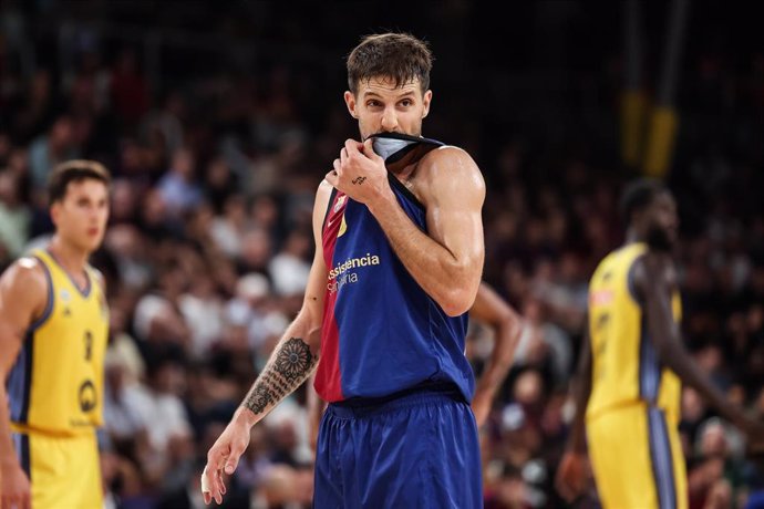 Nico Laprovittola of FC Barcelona gestures during the Turkish Airlines Euroleague, match played between FC Barcelona and Alba Berlin at Palau Blaugrana on October 11, 2024 in Barcelona, Spain.