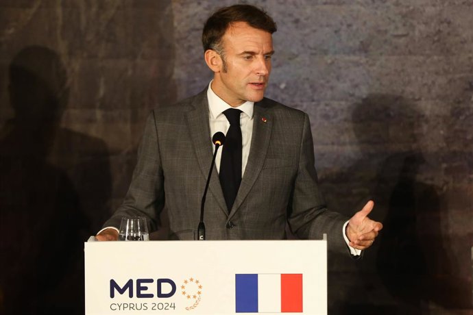 HANDOUT - 11 October 2024, Cyprus, Paphos: French President Emmanuel Macron speaks during a joint press conference with other European leaders, following the 11th Summit of the Southern EU Countries (MED9) in Paphos. Photo: Andreas Loucaides/Cyprus Govern