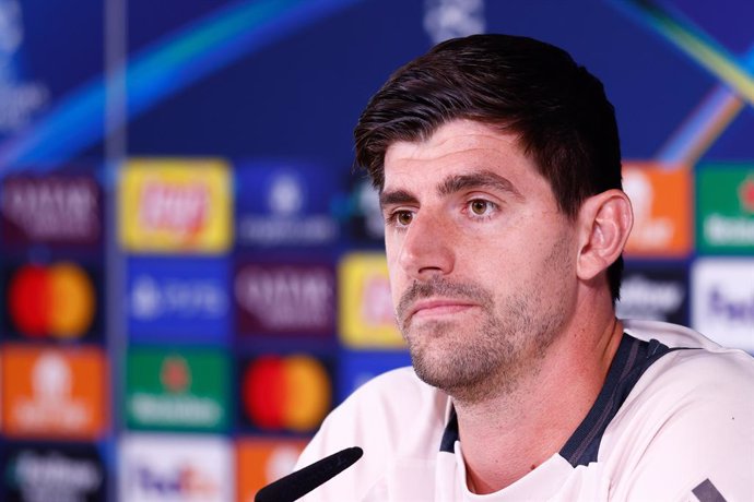 Thibaut Courtois, attends his press conference ahead of the UEFA Champions League, football match against Borussia Dortmund, at Ciudad Deportiva Real Madrid on October 21, 2024, in Valdebebas, Madrid, Spain.