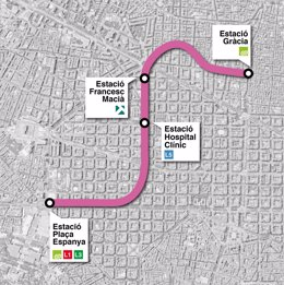 Archivo - Mapa de la prolongación de la L8 de los Ferrocarrils de la Generalitat de Catalunya (FGC) en Barcelona.