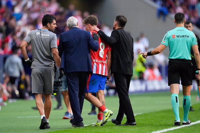 Pablo Barrios of Atletico de Madrid gets injured during the Spanish League, LaLiga EA Sports, football match played between Atletico de Madrid and CD Leganes at Riyadh Air Metropolitano stadium on October 20, 2024, in Madrid, Spain.