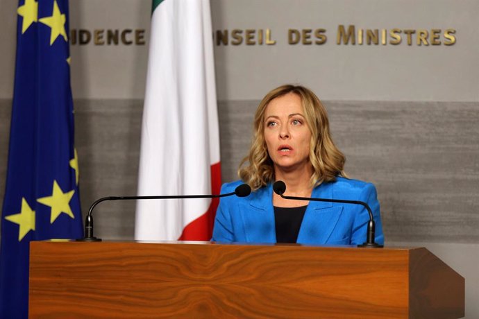 18 October 2024, Lebanon, Beirut: Italian Prime Minister Giorgia Meloni speaks during a press conference with her Lebanese counterpart Najib Mikati following their meeting at Beirut governmental palace. Photo: Marwan Naamani/dpa