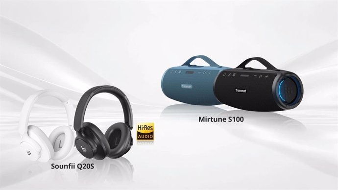 Tronsmart New Mirtune S100 Portable Outdoor Bluetooth Speaker Booming Deep Bass with Retractable Handle, and Sounfii Q20S Hi-Res Headphones with Hybrid Active Noise Cancellation.