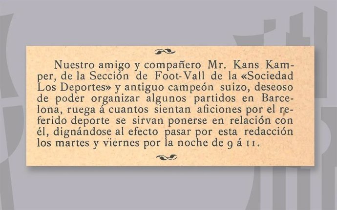 Anuncio del fundador del FC Barcelona, Hans (Joan) Gamper, en Los Deportes en 1899 poco antes de la fundación del club