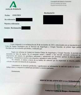 Respuesta del Hospital de Jaén a la queja de un paciente de Cirugía Vascular.