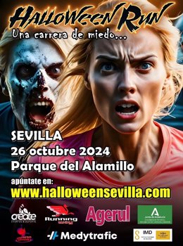 Cartel del pasaje del terror por la 'Halloween Run', en el parque del Alamillo.