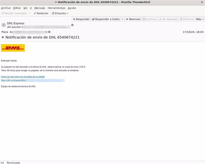 Archivo - Imagen del correo fraudulento en el que se suplanta a DHL para intentar acceder a los datos bancarios de las víctimas