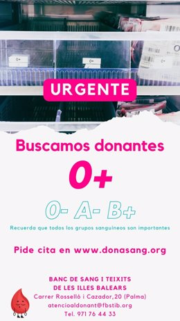 Cartel para pedir la donación urgente de sangre en Baleares.