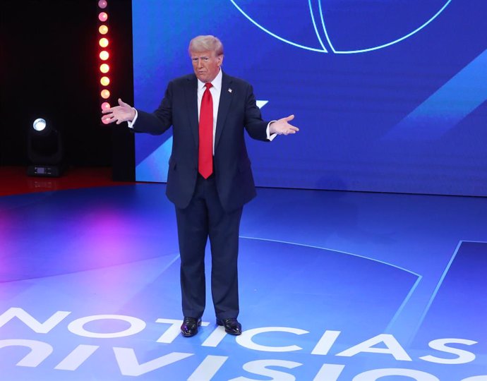 16 October 2024, US, Doral: US former president and Republican presidential candidate, Donald Trump, speaks during the Univision Town Hall 2024 at the Univision Studios in Florida. Photo: Guille Briceno/imageSPACE via ZUMA Press Wire/dpa