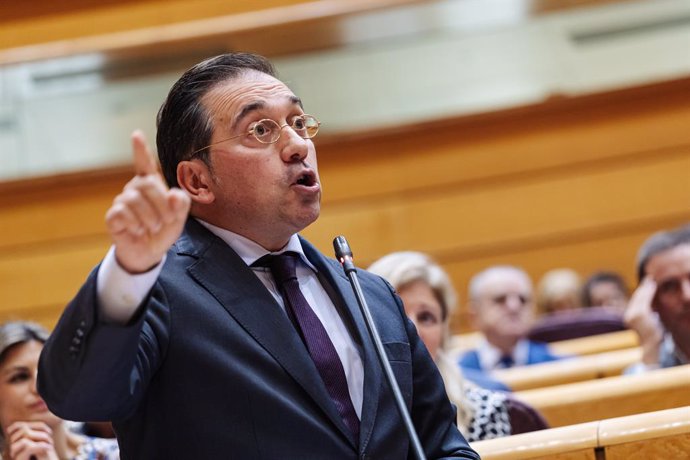 El ministro de Exteriores, Unión Europea y Cooperación, José Manuel Albares, interviene durante una sesión plenaria, en el Senado, a 22 de octubre de 2024, en Madrid (España). El Gobierno se enfrenta a una nueva sesión de control en el Senado con 17 pregu