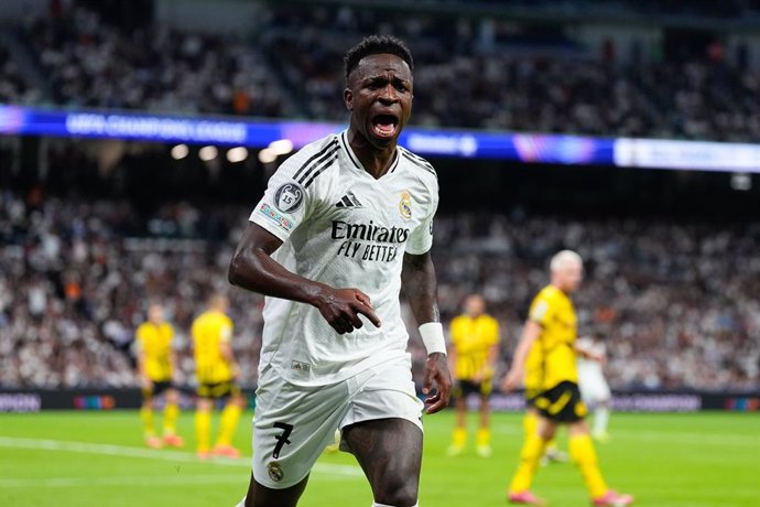 Vinicius Junior of Real Madrid celebrates a goal during the UEFA Champions League 2024/25 League Phase MD3 match between Real Madrid CF and Borussia Dortmund at Estadio Santiago Bernabeu on October 22, 2024, in Madrid, Spain.