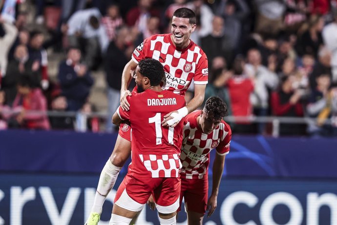 Miguel Gutierrez of Girona FC celebrates a goal with Arnaut Danguma during the UEFA Champions League, football match played between Girona FC and SK Slovan Bratislava at Estadio de Montilivi on October 22, 2024 in Girona, Spain.