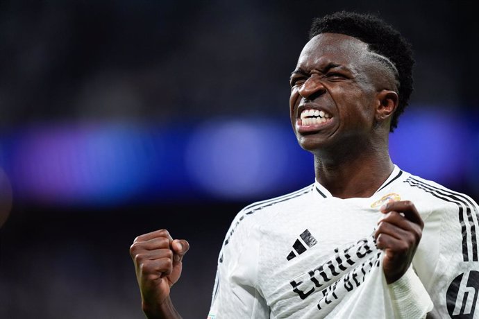 Vinicius Junior of Real Madrid celebrates a goal during the UEFA Champions League 2024/25 League Phase MD3 match between Real Madrid CF and Borussia Dortmund at Estadio Santiago Bernabeu on October 22, 2024, in Madrid, Spain.