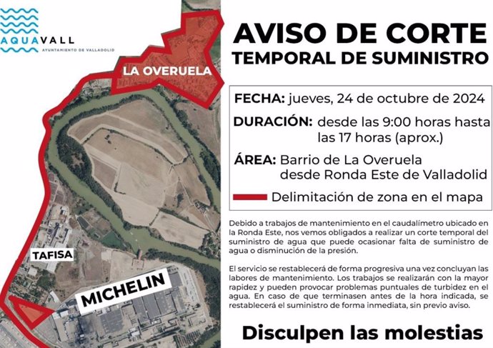 Aviso del corte de suministro de agua en La Overuela, Valladolid.