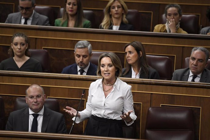 La secretaria general del PP, Cuca Gamarra, interviene durante una sesión de control al Gobierno, en el Congreso de los Diputados, a 23 de octubre de 2024, en Madrid (España). El Gobierno afronta hoy un debate monográfico sobre corrupción en la sesión de 