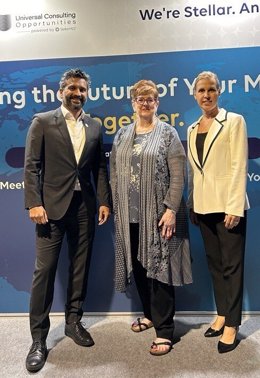 Attending the International MLS Forum in Milan Oct. 7, 2024, were (from left): Dr. Mathew Kallumadil, UCO Vice President of Global Markets and Stellar MLS Vice President of Technology and Innovation; Merri Jo Cowen, CEO of UCO and Stellar MLS: and Marion 