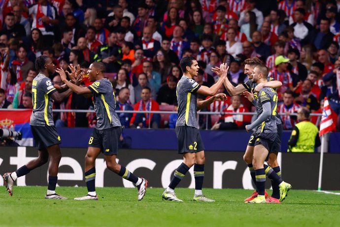 Edon Zhegrova of LOSC Lille celebrates a goal with teammates during the UEFA Champions League 2024/25 League Phase MD3 match between Atletico de Madrid and LOSC Lille at Riyadh Air Metropolitano stadium on October 23, 2024 in Madrid, Spain.