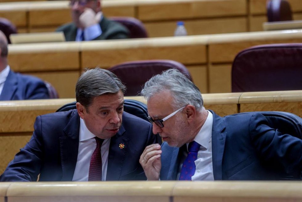 El ministro de Agricultura, Pesca y Alimentación, Luis Planas (i), y el ministro de Política Territorial, Ángel Víctor Torres (d), durante una sesión de control al Gobierno