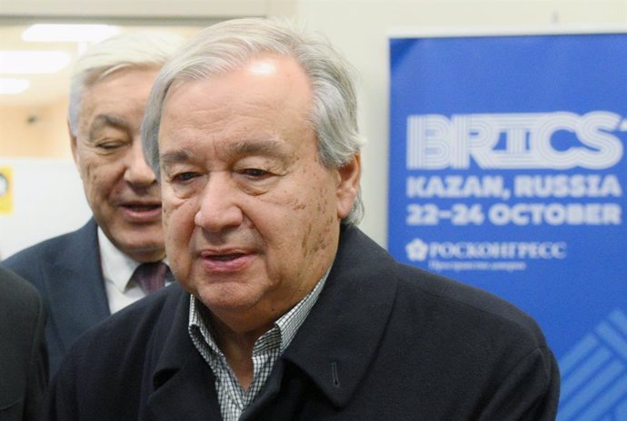 El secretario general de la ONU, António Guterres, durante la cumbre de los BRICS en Rusia.