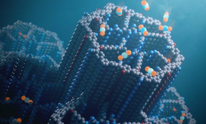 El nuevo material poroso para capturar dióxido de carbono, llamado marco orgánico covalente (COF), tiene canales hexagonales decorados con poliaminas que unen eficientemente las moléculas de CO2