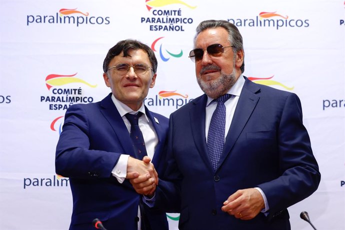 Alberto Duran, New President of the Spanish Paralympic Committee CPE and Miguel Carballeda, Ex President of the Spanish Paralympic Committee CPE, pose for photo during the election of the new President of the CPE, at Consejo Superior de Deportes CSD on Oc