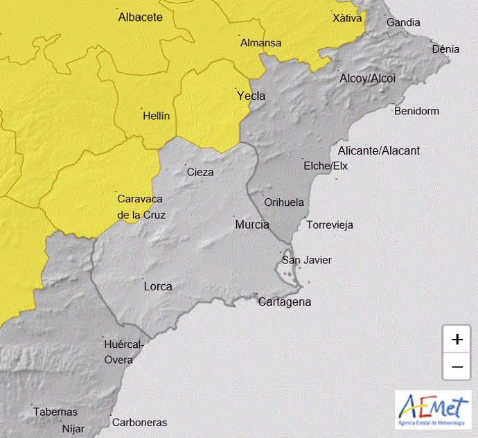 Mapa que muestra los avisos amarillos activos en la Región