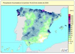 Las lluvias acumuladas hasta el 22 de octubre se cifran en 91 l/m2, alrededor de un 75% por encima de lo normal.