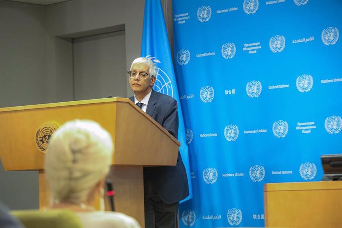 Archivo - El portavoz del secretario general de la ONU, Farhan Haq, en rueda de prensa desde Nueva York