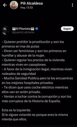 Insultos que la alcaldesa del Partido Popular en Jorquera, María Pilar Medina, ha vertido en sus redes sociales contra los y las votantes de izquierdas