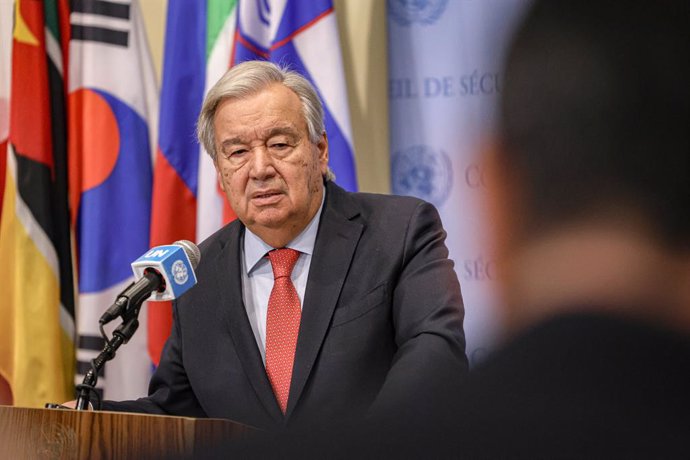 October 8, 2024, New York, New York, USA: The UN Secretary General, ANTONIO GUTERRES answers a question from a journalist at the Security Council Stakeout in regards to the escalation of war in Gaza and also in commemoration of the one year since the unpr