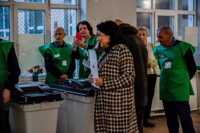 October 26, 2024, Tbilisi, Georgia: President of Georgian Republic, Salome Zourabichvili seen at the polling station, about to cast her vote during the Georgian Election.