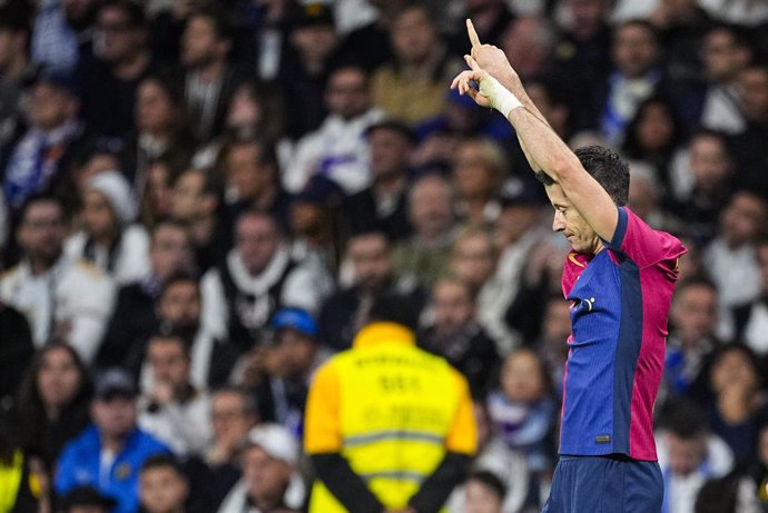 Robert Lewandowski of FC Barcelona celebrates a goal during the Spanish league, La Liga EA Sports, football match played between Real Madrid and FC Barcelona at Santiago Bernabeu stadium on October 26, 2024, in Madrid, Spain.