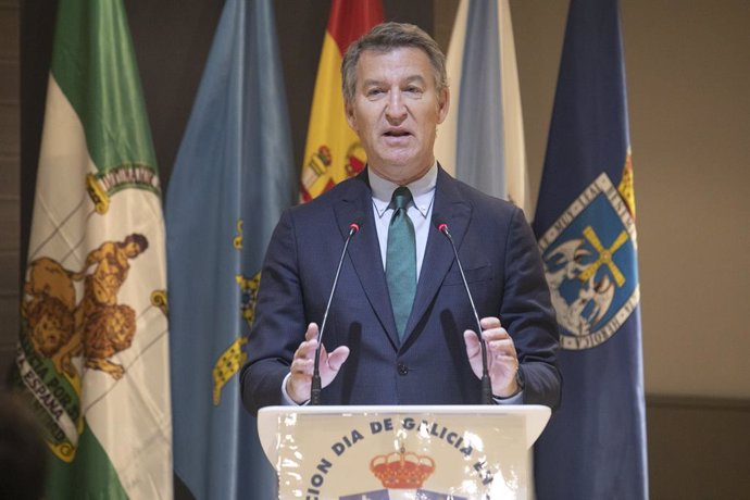 El presidente del Partido Popular, Alberto Núñez Feijóo, interviene duante el acto de entrega de la Insignia de Oro y el Carné de Socio de Honor de la Asociación del Día de Galicia, en el Hotel NH Principado, a 26 de octubre de 2024, en Oviedo, Asturias (