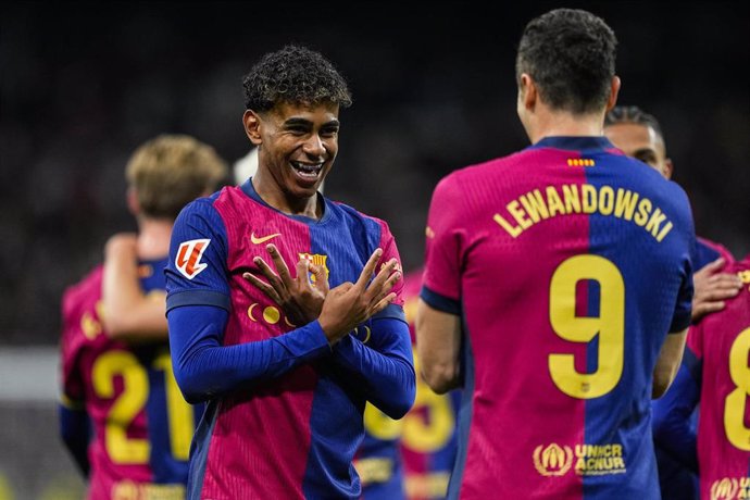 Lamine Yamal of FC Barcelona celebrates a goal during the Spanish league, La Liga EA Sports, football match played between Real Madrid and FC Barcelona at Santiago Bernabeu stadium on October 26, 2024, in Madrid, Spain.