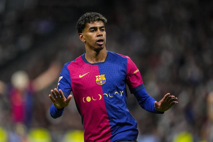 Lamine Yamal of FC Barcelona celebrates a goal during the Spanish league, La Liga EA Sports, football match played between Real Madrid and FC Barcelona at Santiago Bernabeu stadium on October 26, 2024, in Madrid, Spain.