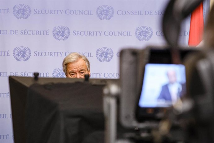 October 8, 2024, New York, New York, USA: The UN Secretary General, ANTONIO GUTERRES speaks while reading off of teleprompter, to the press at the Security Stakeout in regards to the escalation of war in Gaza and also in commemoration of the one year si