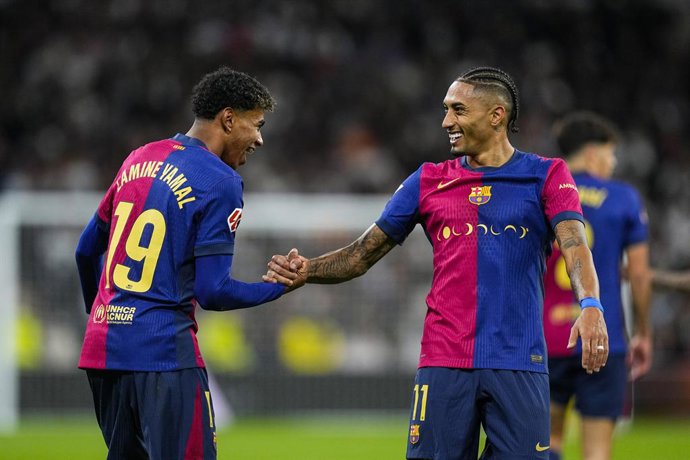 Lamine Yamal of FC Barcelona celebrates a goal during the Spanish league, La Liga EA Sports, football match played between Real Madrid and FC Barcelona at Santiago Bernabeu stadium on October 26, 2024, in Madrid, Spain.