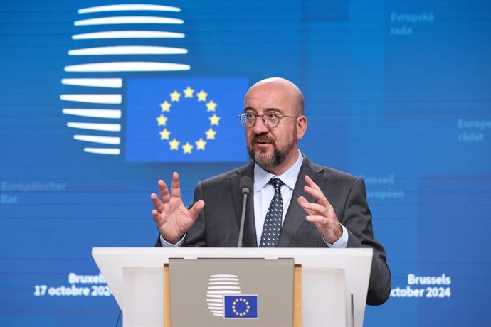 BRUSSELS, Oct. 18, 2024  -- European Council President Charles Michel speaks at a press conference during a European Council summit in Brussels, Belgium, Oct. 17, 2024.