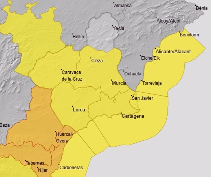 Toda la Región de Murcia, salvo el Altiplano, en aviso por lluvias y tormentas