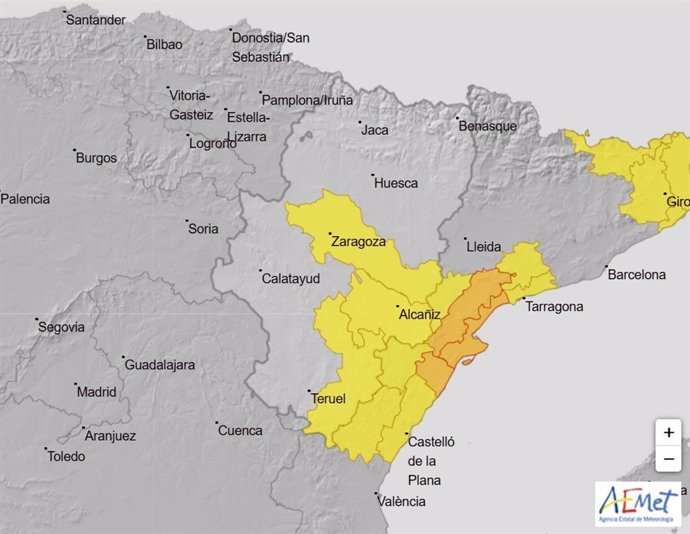 Mapa de avisos de la Aemet para este lunes.