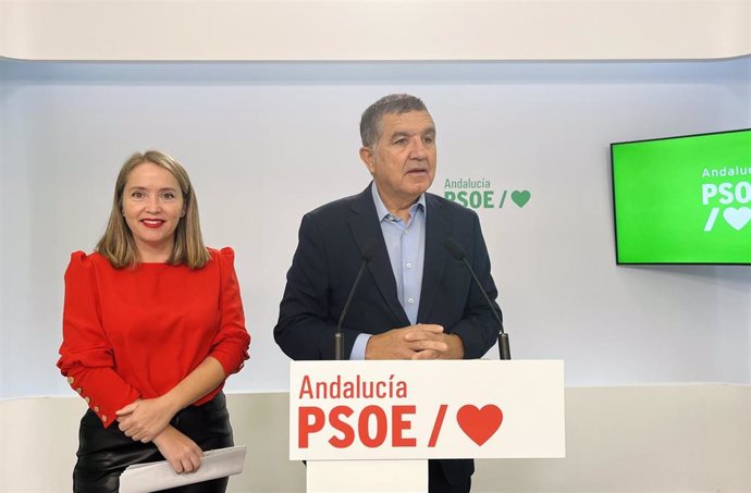 Los parlamentarios del PSOE-A Alicia Murillo y Gaspar Llanes, en rueda de prensa este lunes.