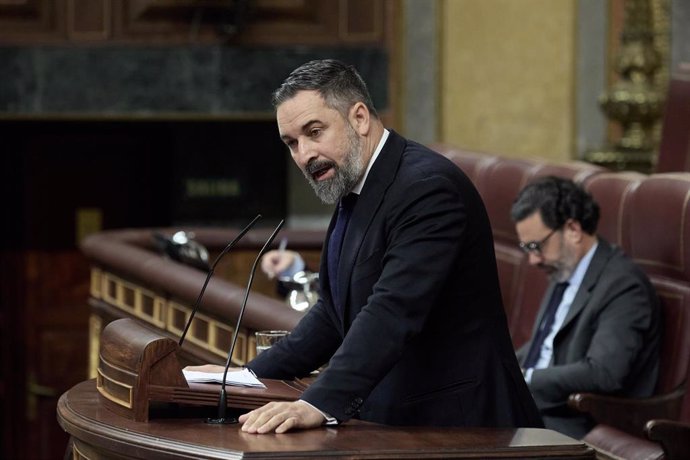 El presidente de VOX, Santiago Abascal, interviene durante una sesión de control al Gobierno, en el Congreso de los Diputados, a 9 de octubre de 2024, en Madrid (España).