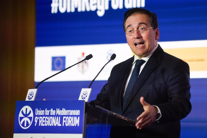 El ministro de Exteriores de España, José Manuel Albares, durante el 9º Foto Regional de la UpM, Unión por el Mediterráneo, en el Palau de Congreso de Catalunya