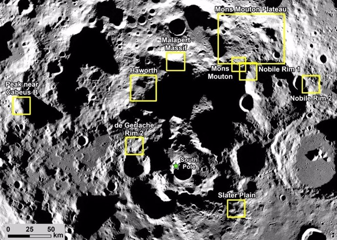 Esta imagen muestra nueve regiones de aterrizaje candidatas para la misión Artemis III de la NASA, y cada región contiene múltiples sitios potenciales para el primer aterrizaje tripulado en la Luna en más de 50 años.