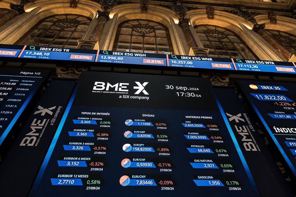 Paneles del Ibex en el Palacio de la Bolsa de Madrid, a 30 de septiembre de 2024, en Madrid (España).