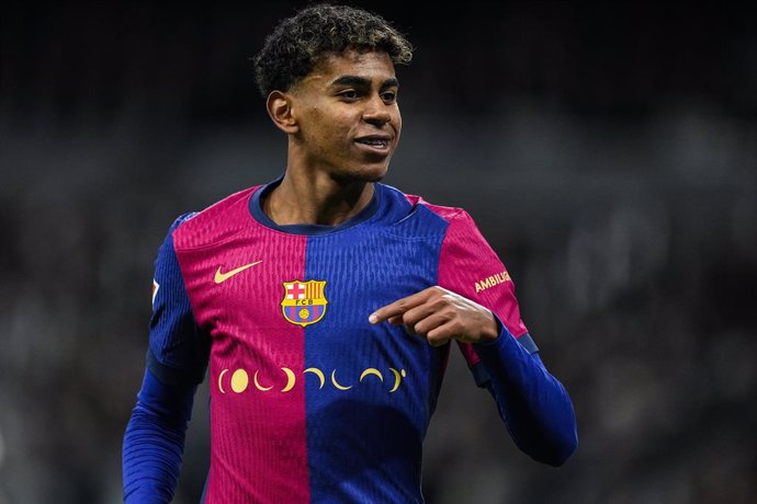 Lamine Yamal of FC Barcelona celebrates a goal during the Spanish league, La Liga EA Sports, football match played between Real Madrid and FC Barcelona at Santiago Bernabeu stadium on October 26, 2024, in Madrid, Spain.