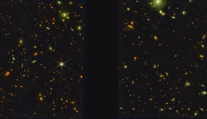 Imágenes del protocúmulo de formación estelar PHz G191.24+62.04 obtenidas por el telescopio espacial James Webb, NIRCam, tal como se veía hace 11 mil millones de años, cuando el universo se acercaba al pico de formación estelar.