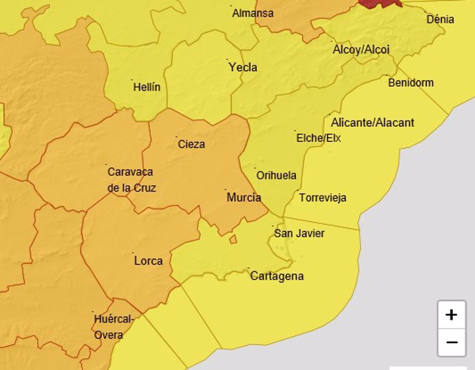 Mapa que muestra los avisos activos en la Región de Murcia