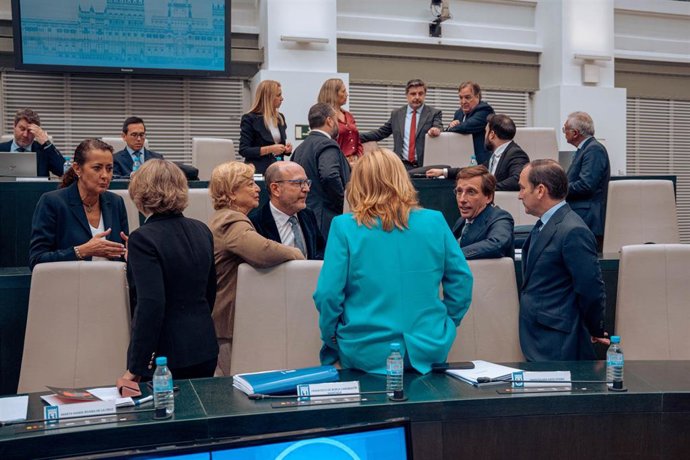 El alcalde de Madrid, José Luis Martínez- Almeida(2d), durante un pleno del Ayuntamiento de Madrid, en el Palacio de Cibeles, a 29 de octubre de 2024, en Madrid (España).